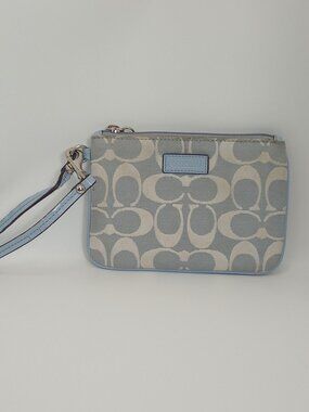 Y2K Coach Signature C Jacquard Wristlet Light Blue Ivory Canvas Leather Trim